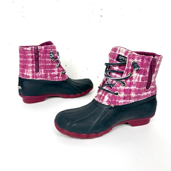 Sperry Saltwater Kids Duck Boots Lace Up & Zip Closure Tie Dye Pink Size 1 - Picture 10 of 11
